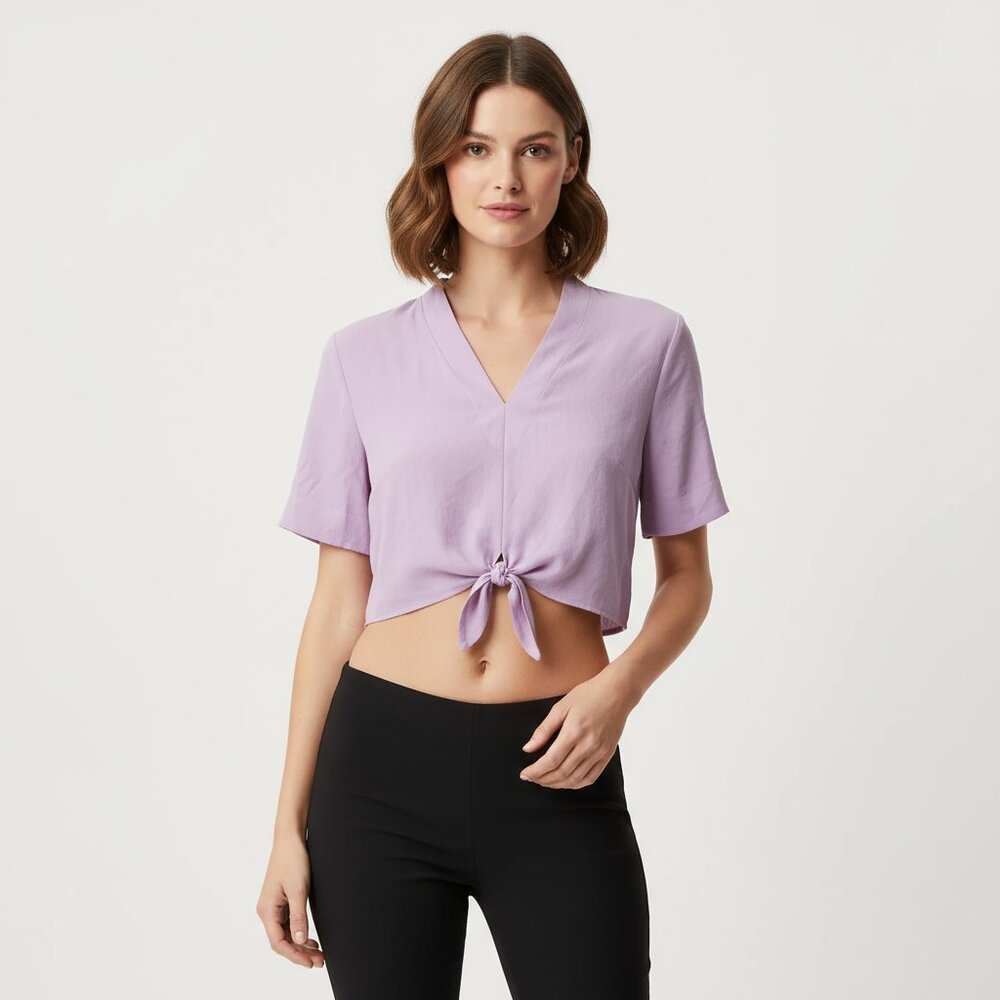 Bold elements women blouse mauve mist tie in front. Small